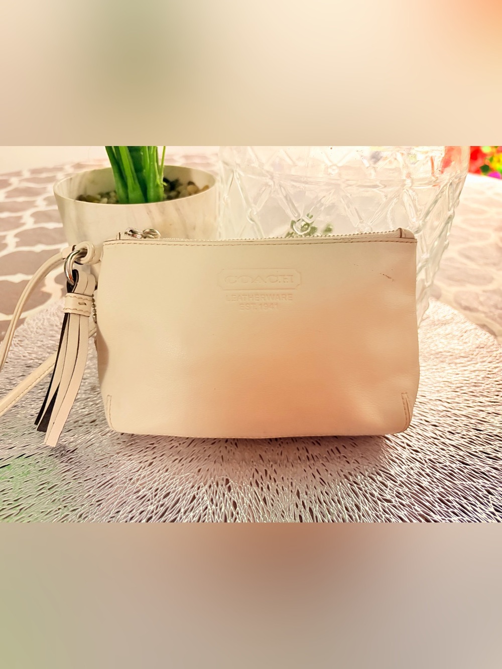 Coach Leather Wristlet Clutch in Off White